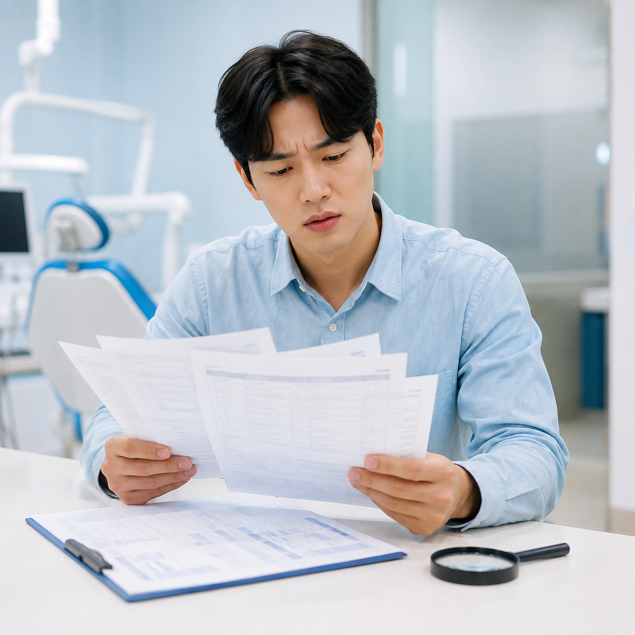 복잡한 보험 약관 서류를 읽는 모습