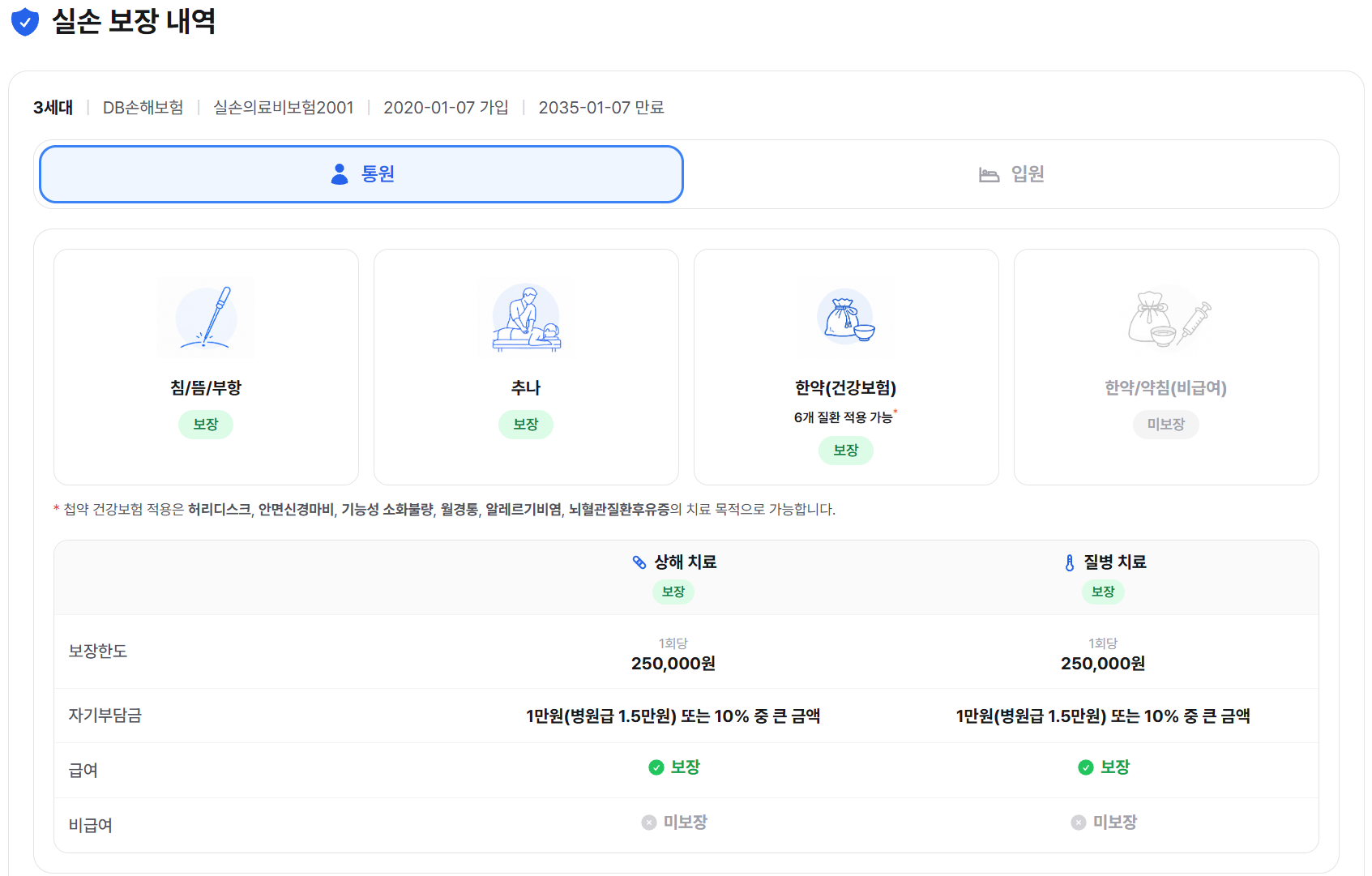 실손 보장 내역 조회 결과 화면 — 침·뜸·부항, 추나, 한약 등 치료별 보장 여부와 자기부담금 표시