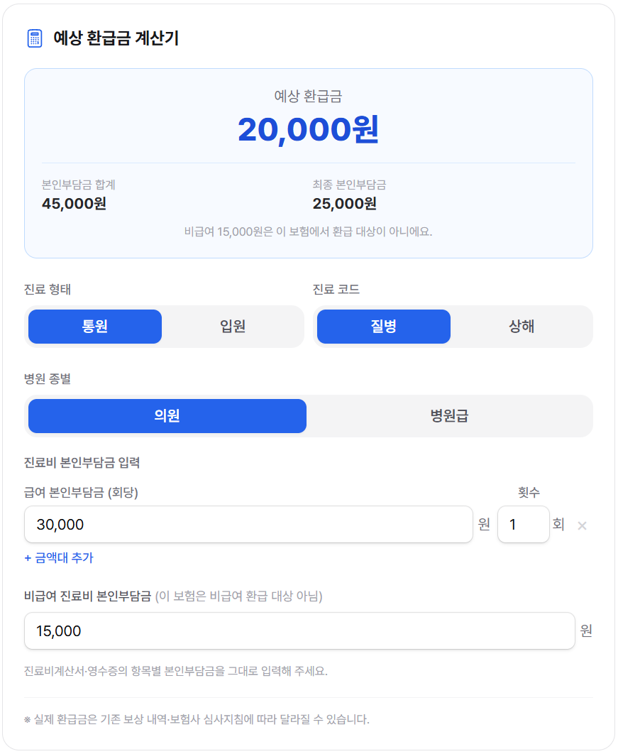 예상 환급금 계산기 화면 — 회당 진료비를 입력하면 자기부담금을 뺀 예상 환급금 표시