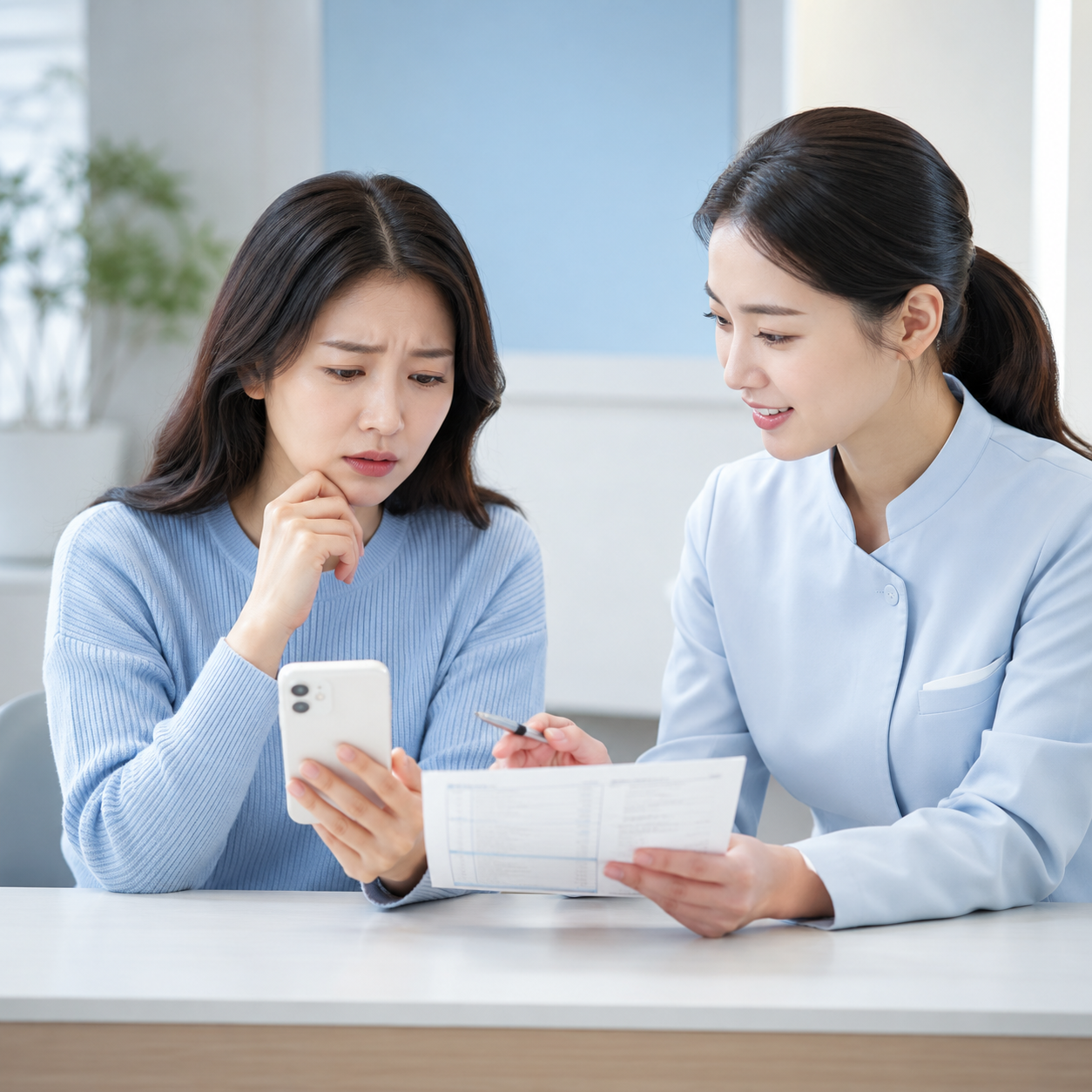 휴대폰을 보며 실손보험 가입내역을 확인하는 환자와 안내하는 직원