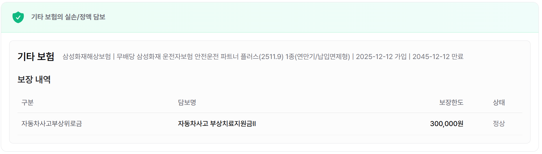 기타 보험 조회 결과 화면 — 운전자보험의 자동차사고 부상치료지원금 담보명과 보장한도 300,000원 표시