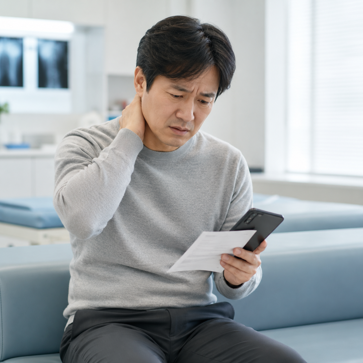 목을 감싸 쥔 채 서류와 휴대폰으로 보험 내용을 직접 확인하는 환자