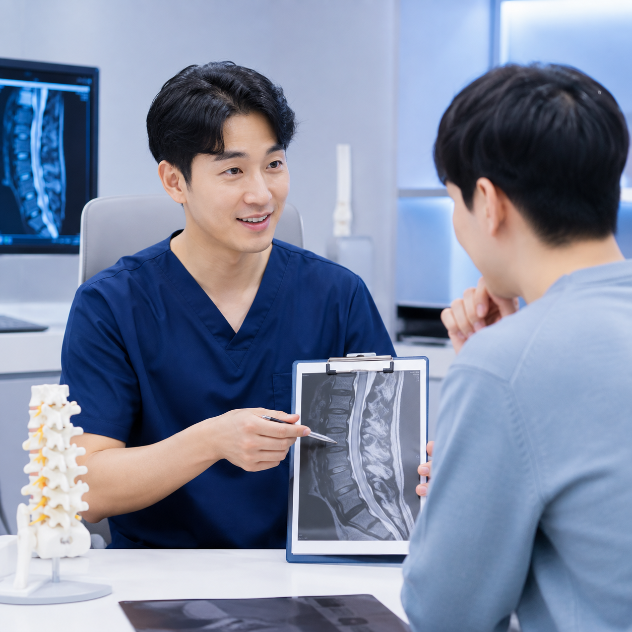 척추 MRI 영상을 가리키며 환자에게 설명하는 정형외과 의사