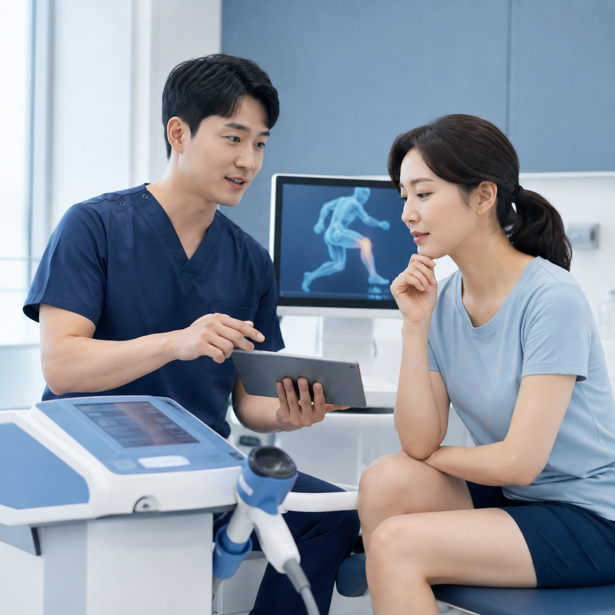체외충격파 장비 옆에서 태블릿으로 보장 안내를 받는 환자